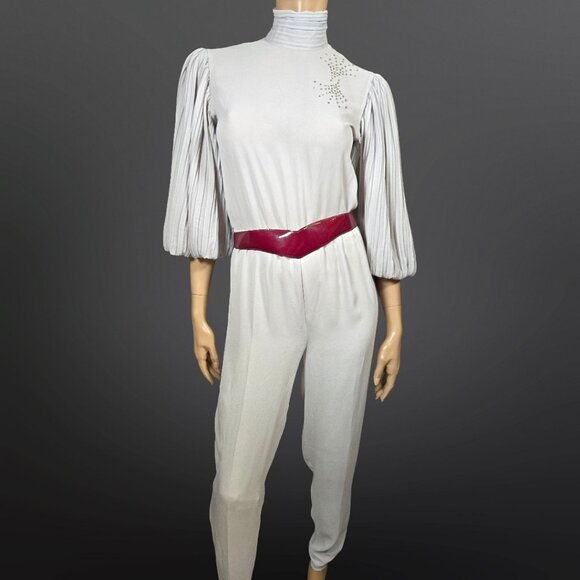 Vintage 80s Farouche Gray Chiffon belted Jumpsuit Size S Balloon Sleeves - Picture 1 of 16
